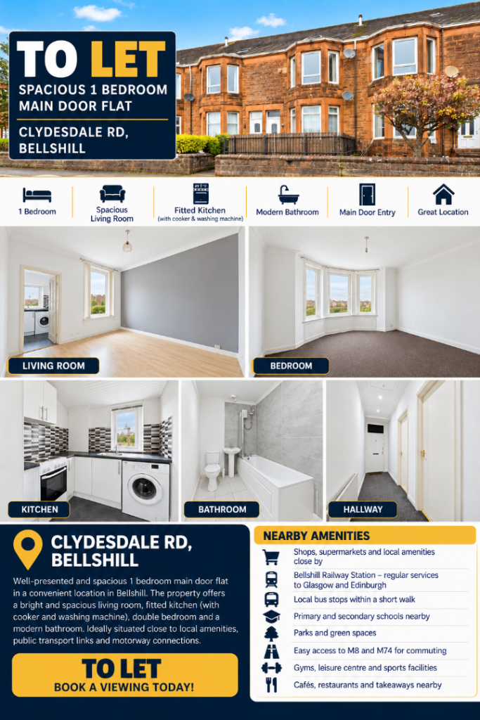 SPACIOUS 1-BEDROOM MAIN DOOR FLAT – BELLSHILL