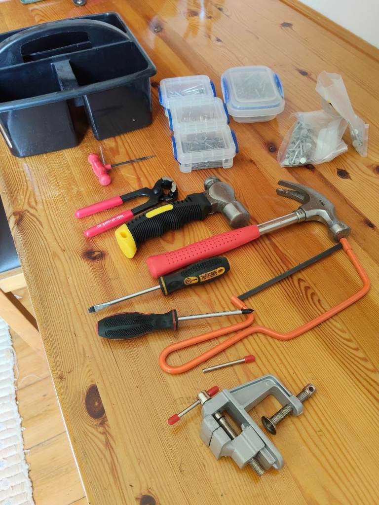Tool box and real woodwork tools for children
