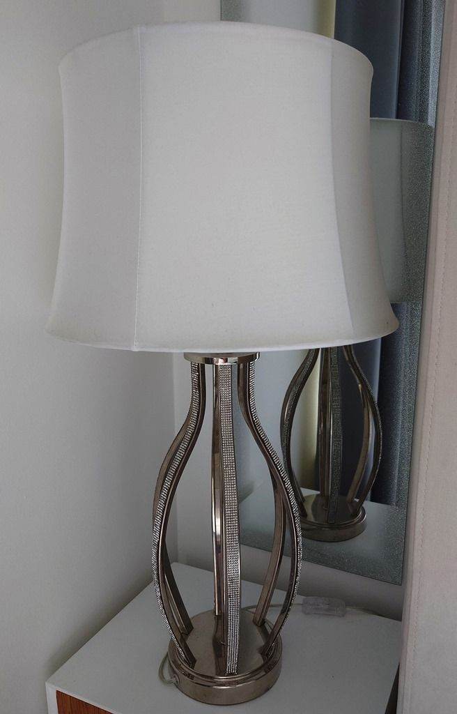 image for Pair of Large Chrome Table Lamps – 71cm – Crystal Glam Look – White Shades
