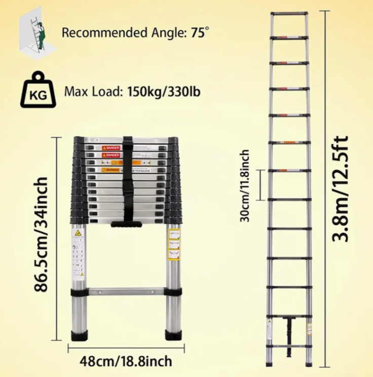 image for 330lb Max Load 3.8M Steel Telescopic Ladder Multi-Purpose Extendable With Anti-Slip Feet, EN131