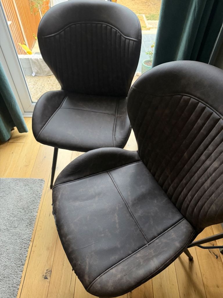 2 x Brown Faux Leather Dining Chair with Metal Legs – Good Condition