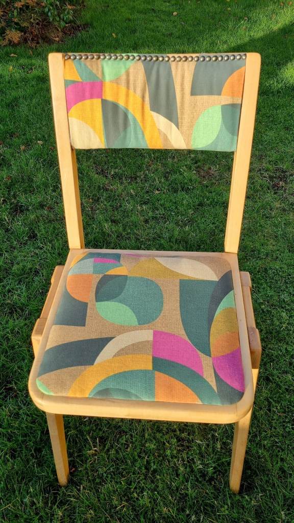 Dining chairs, mid-century / retro. Made in UK, Re-upholstered, stacking hardwood (beech)