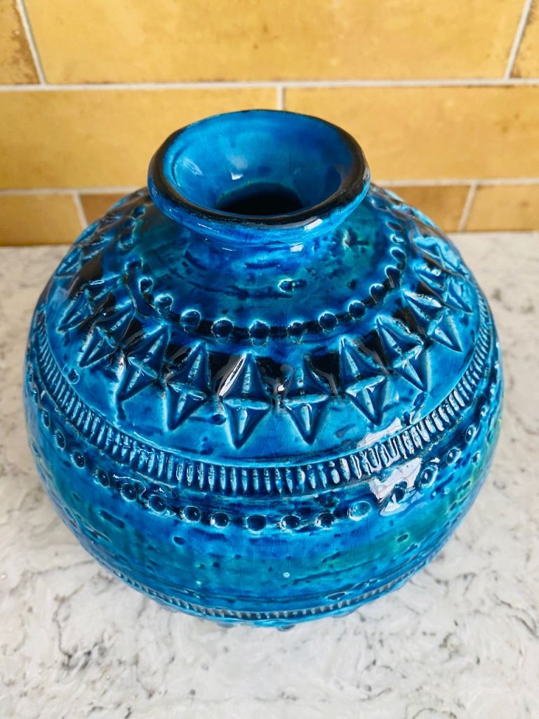 Bitossi Rimini Blue Ball Globe Round Vase Vintage Aldo Londi Italy Mid Century 
