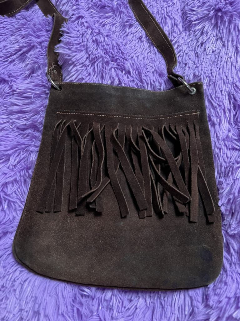Vintage brown suede tassel fringe detail,cross over handbag 