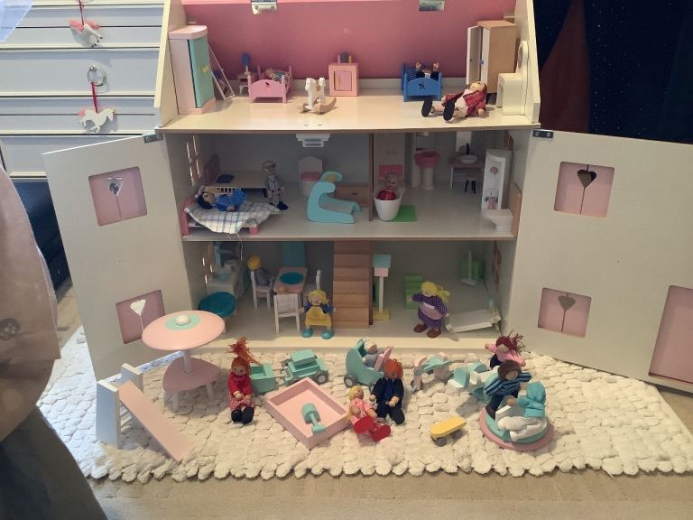 Large Wooden Dolls House with Furniture and Dolls