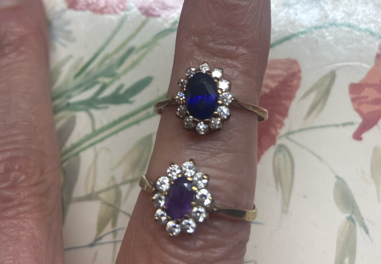 2 x 9ct gold sapphire, amethyst with white stones. Size P+ see details in listing. Coll/del only.