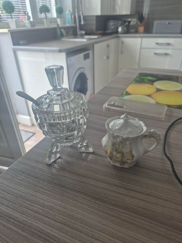 Lovely Cut Glass Sugar Bowl with Spoon and Creamer Jug
