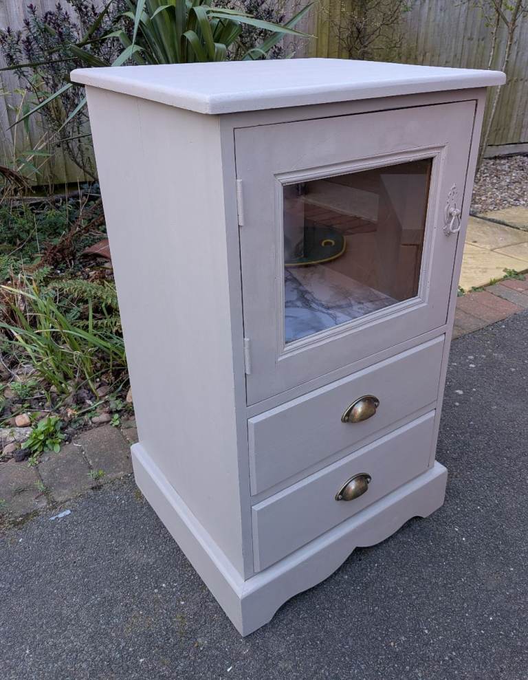 Solid pine drinks media cabinet cupboard painted in taupe, lined in marble vinyl and 2 Drawers