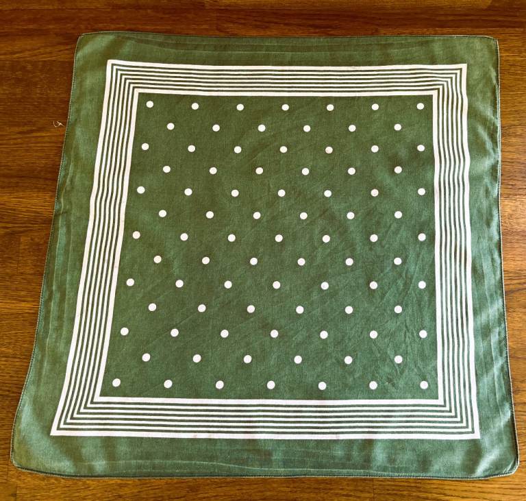 Men's handkerchief, green with white polka dots and border.  Can post.
