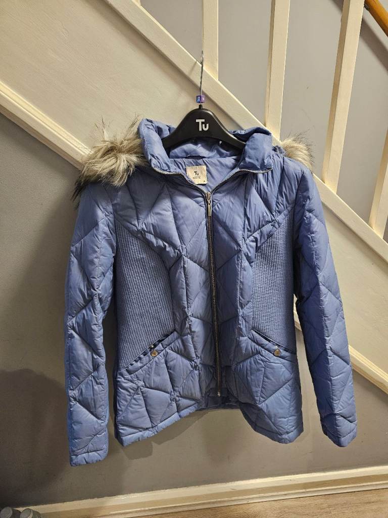 Women's Tu Blue Quilted Coat with Faux Fur Hood Size 16