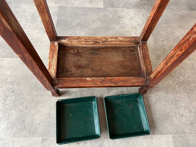 Vintage Wood Umbrella Stand with 2 Green Metal Drip Trays