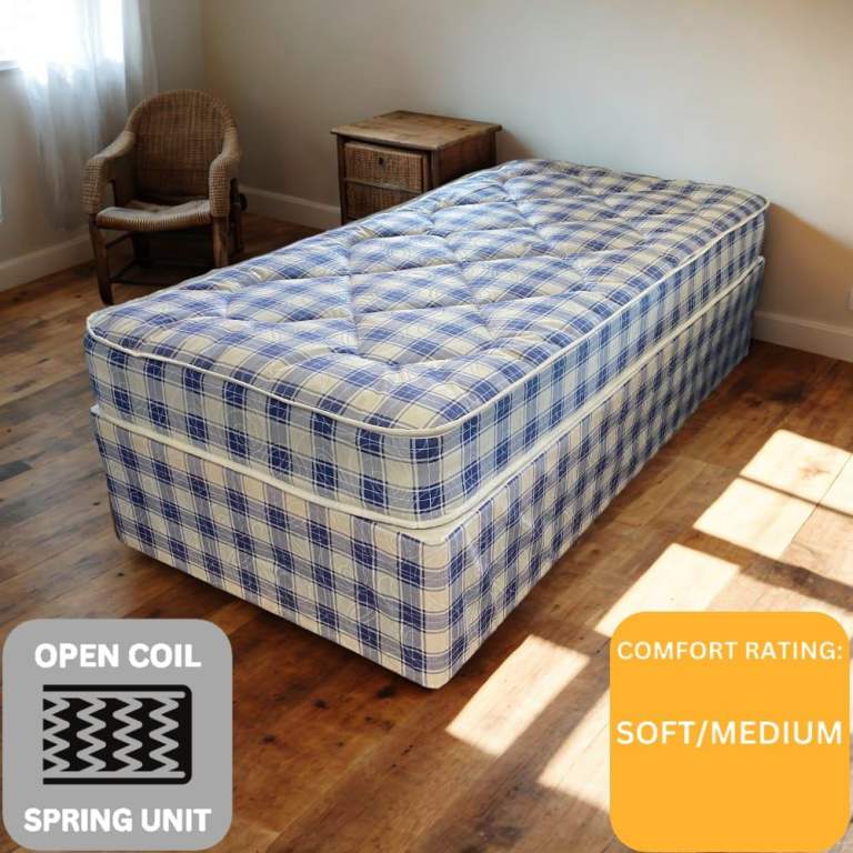 Single divan bed with mattress navy checked & red headboard 