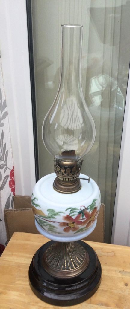  Antique Brass & Hand Painted Ceramic Single Burner Oil Lamp with Glass Funnel