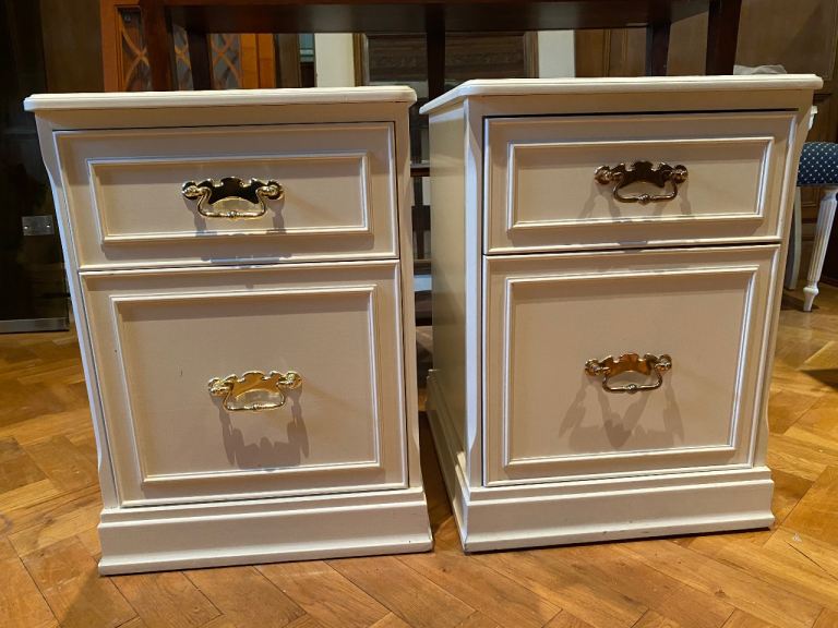 Pair Vintage French Provincial Nightstands – Cream, 2 Drawers, Gold Brass Handles