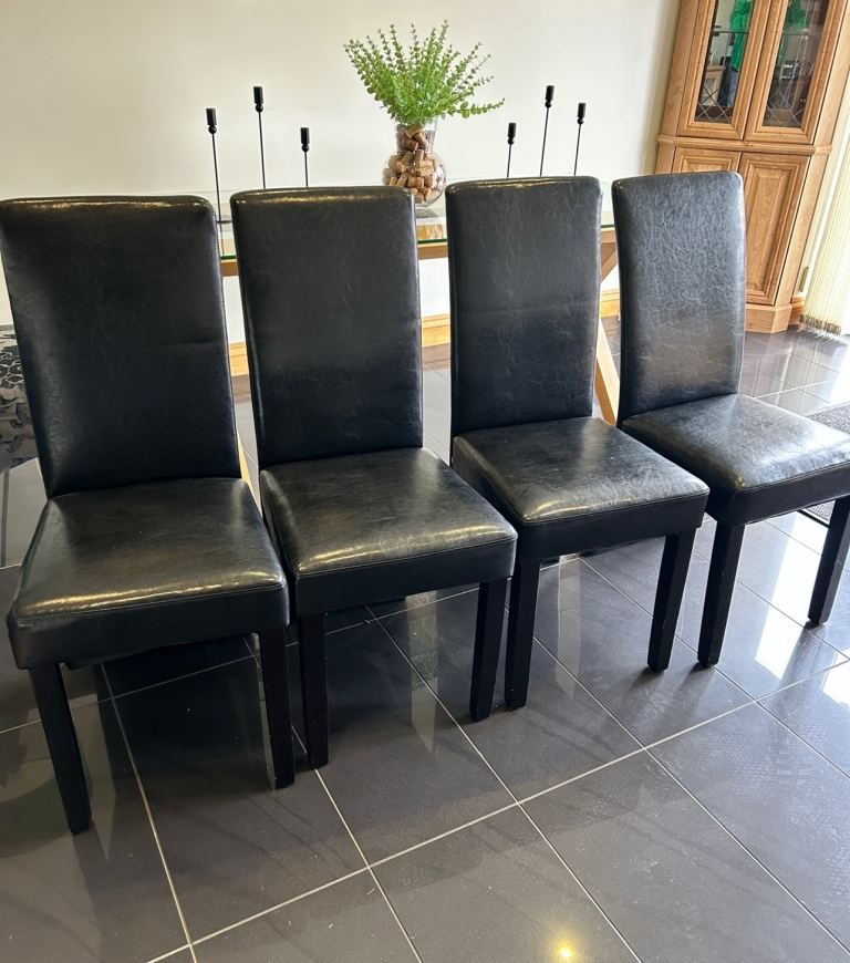 Set of 4 Black Faux Leather Dining Chairs – Good Condition