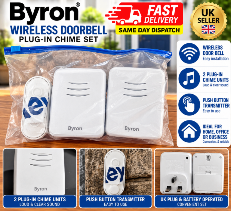 Byron Wireless Doorbell Set 2 Plug In Chimes Push Button Transmitter