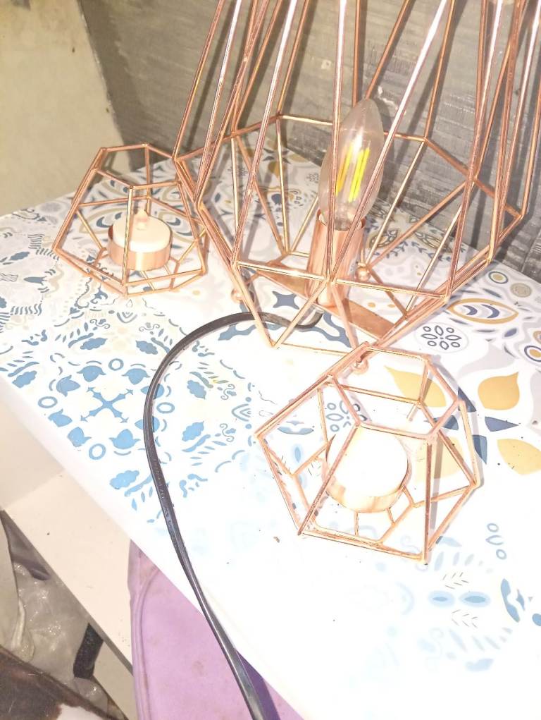 Copper geometrical lamp and candleholders