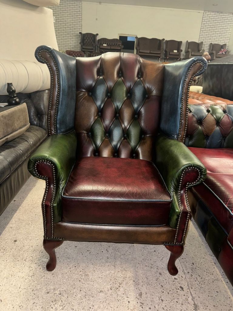 Chesterfield harlequin patchwork real leather wingback chair