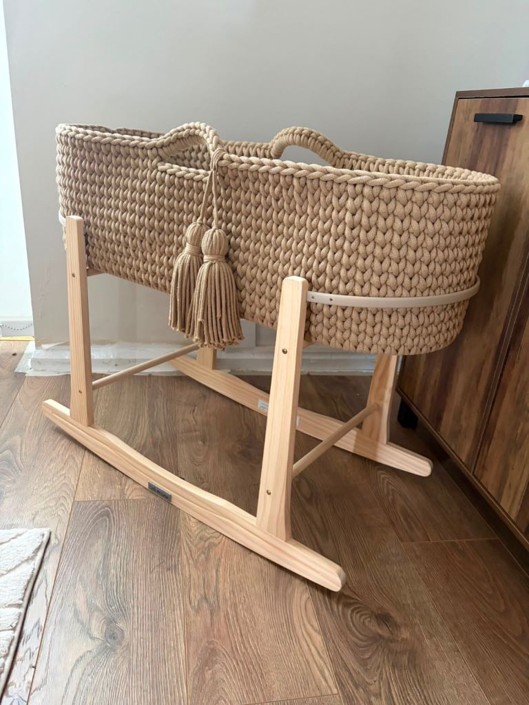Knitted Moses Basket with Wooden Rocking Stand – Excellent Condition