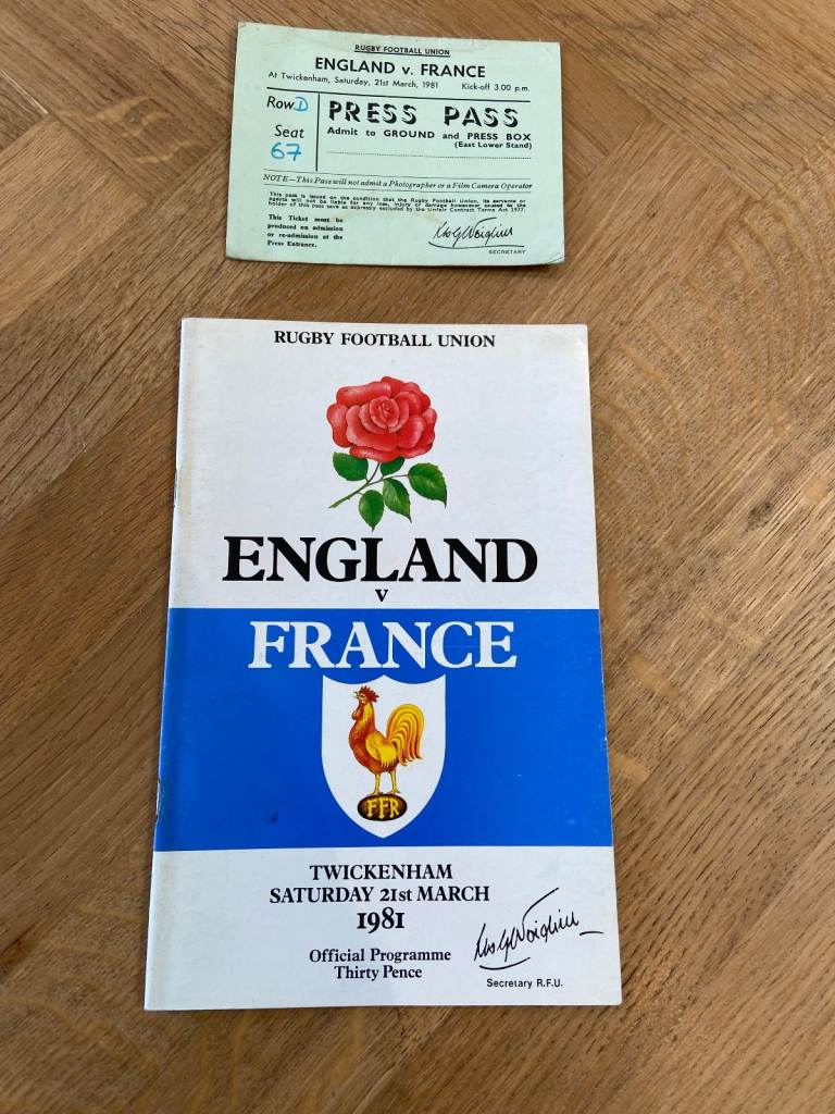 Rugby Union Programme Signed Autog England v France 1981 & Press Pass Ticket