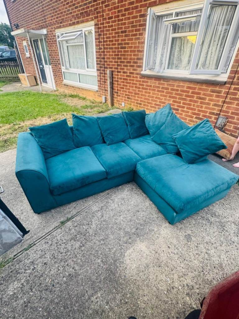 DFS Teal Plush Velvet Corner Sofa with Chaise (Right-Hand Facing)