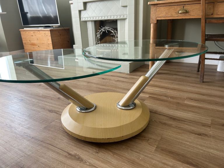 Mid century Glass Coffee Table with Wooden Base – Good Condition