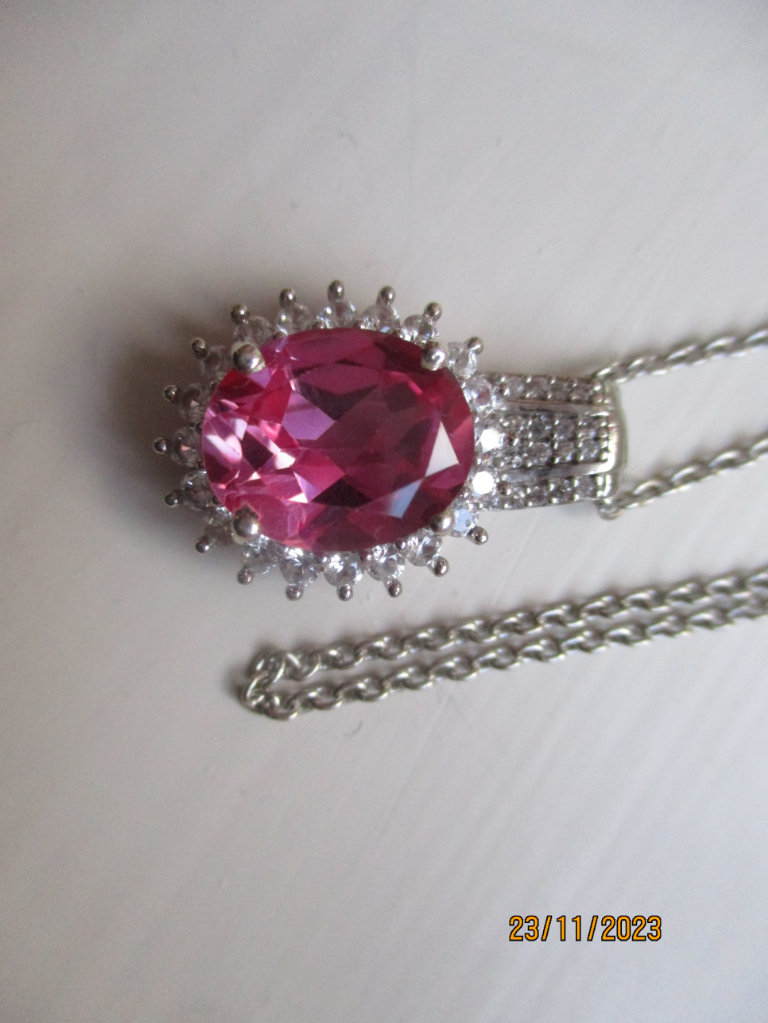 Lab created pink sapphire and natural Zircon Halo pendant and 20 inch chain