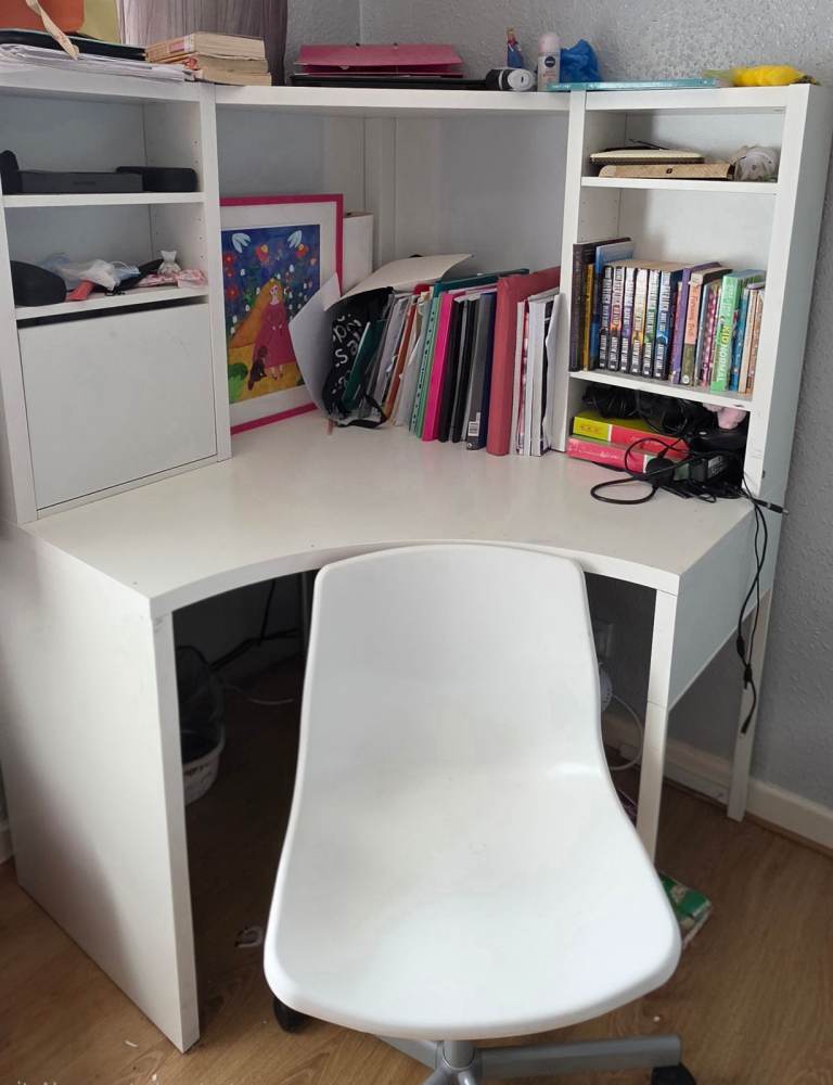 White Corner Desk with Shelves and Chair – Good Condition
