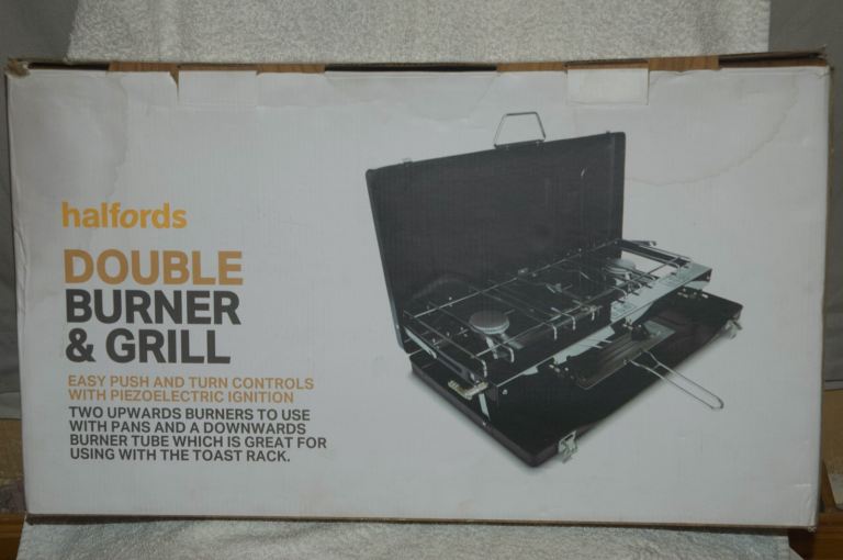 Halfords Double Burner with Grill and Full 907 Gas Bottle