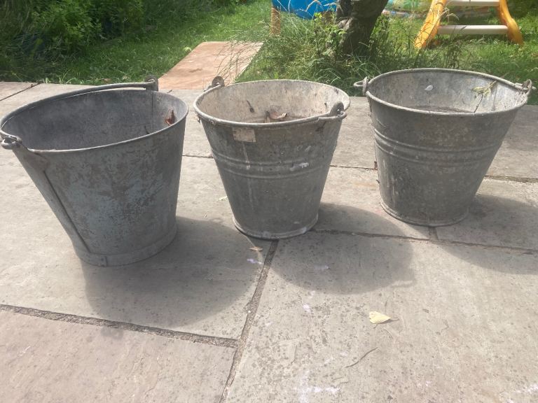 Three galvanised steel Buckets - Garden Planters