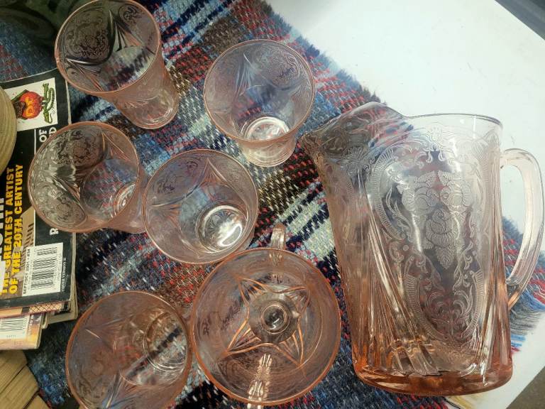 Pressed glass pitcher and glasses, clear pink 