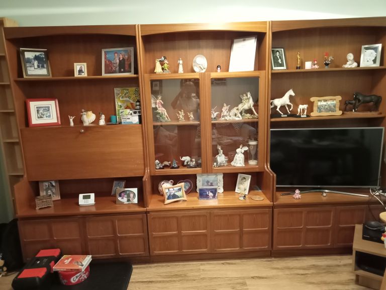 Large Wooden Wall Unit with Display Cabinets and Desk