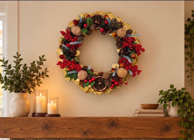 Beautiful Christmas Wreath with Berries and Pinecones 