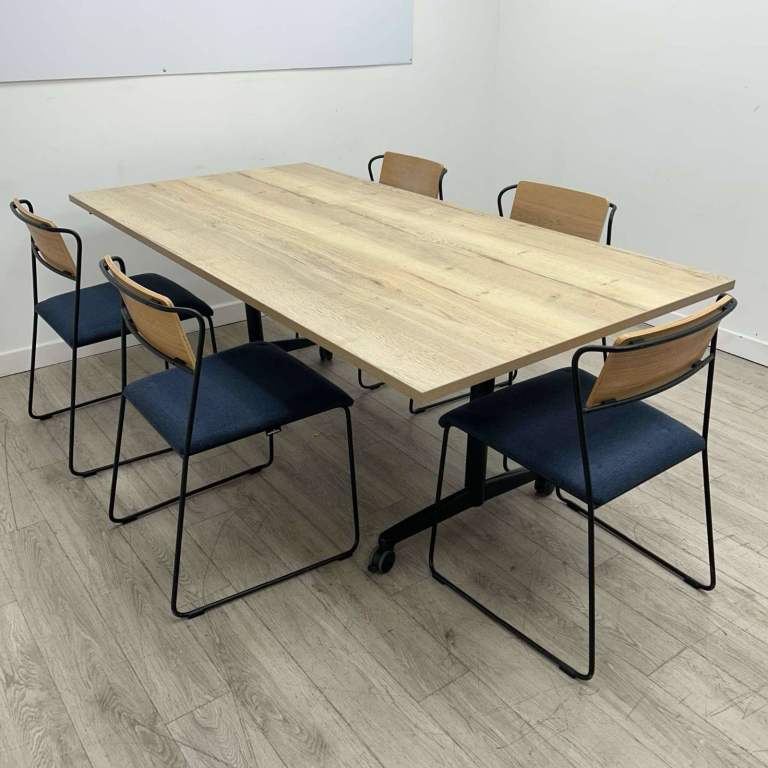  Workstories Conference Set – Oak/Black Fliptop Table + 5 x Oak/Blue Chairs – W2000mm