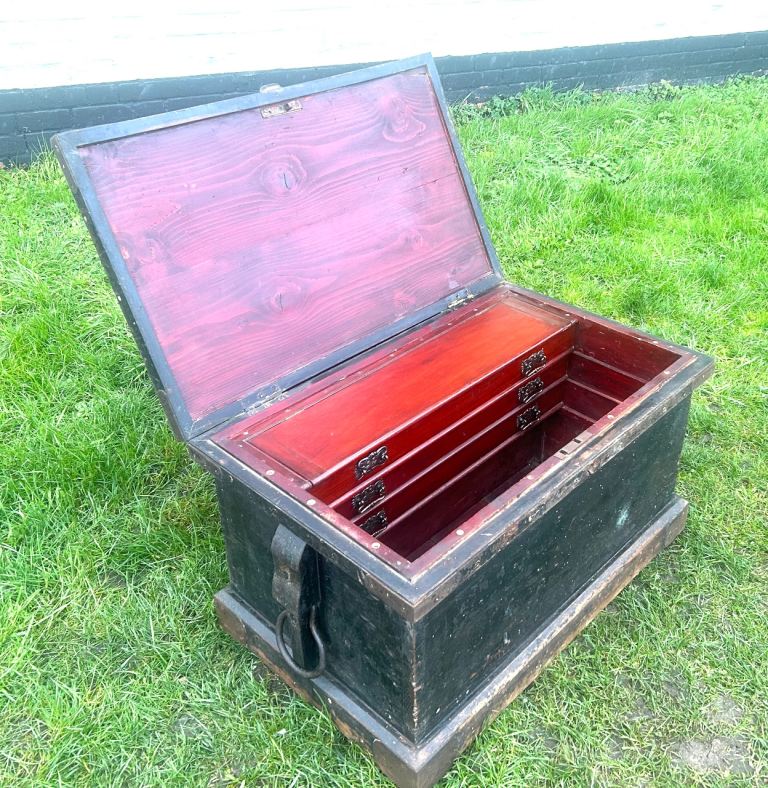 Pine drawer carpenters tool cabinet industrial antique vintage wooden storage chest box trunk