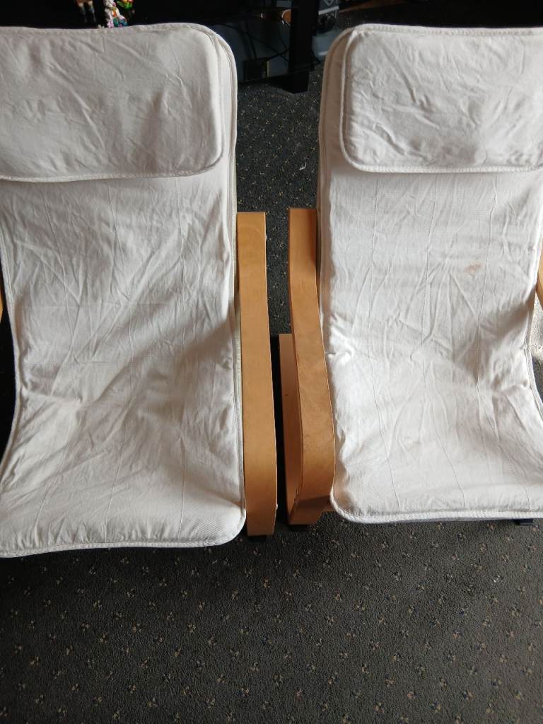 Pair of Wooden Armchairs with White Cushions – Good Condition