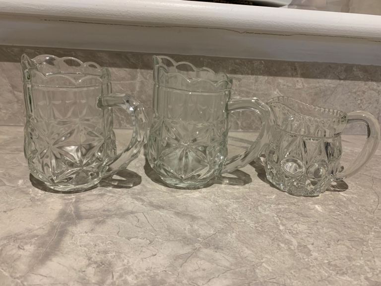 Set of 3 Vintage Clear Glass Jugs / Creamers - Good Condition
