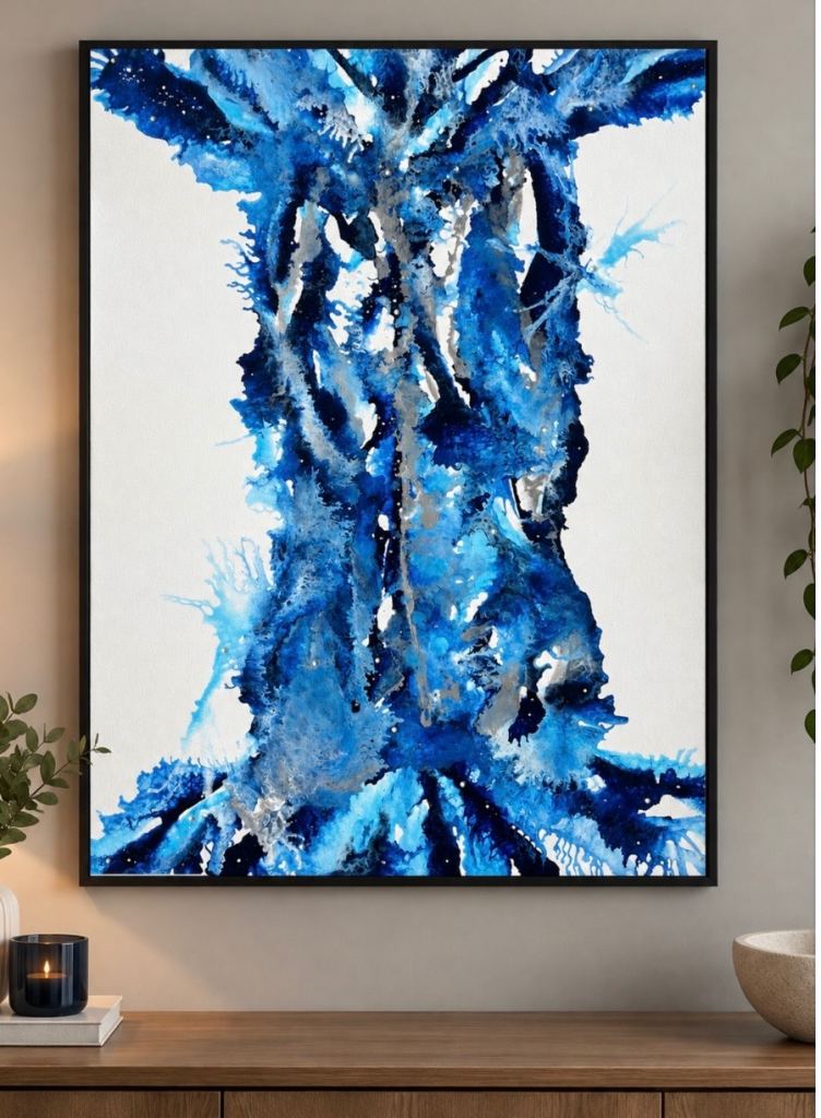 Huge Stunning Deep Box Blue Unique  Abstract Painting Pearl Accents home decor