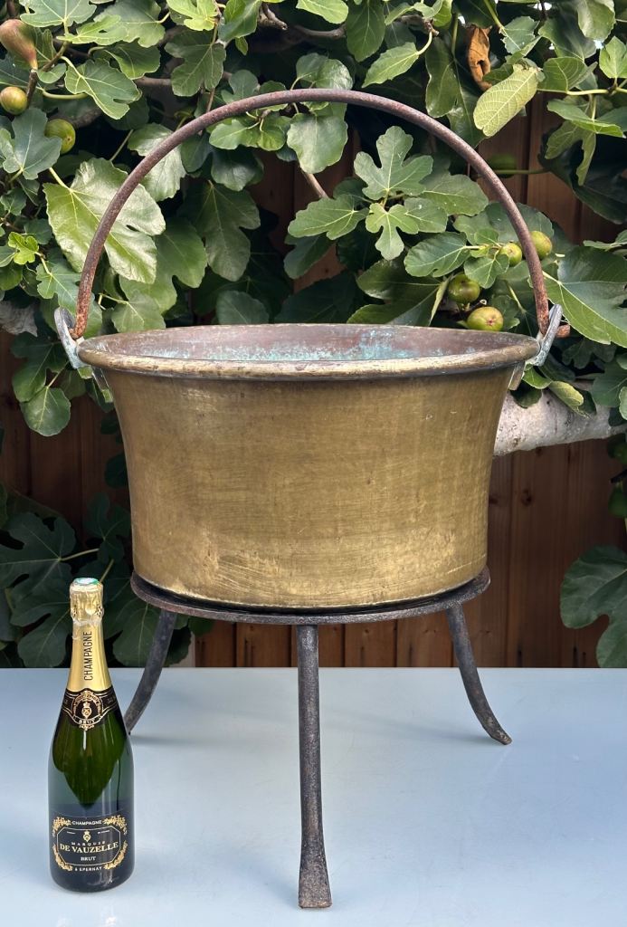 LARGE ANTIQUE FRENCH COPPER CAULDRON & STAND, LOG BUCKET, PLANTER, L58cm - 1900s - WILL POST!