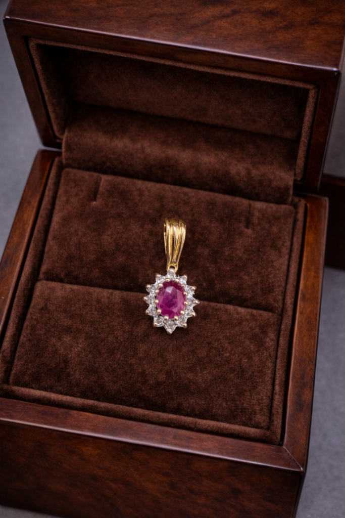 Extremely Fine 9ct Gold Ruby and Diamond Cluster Pendant 