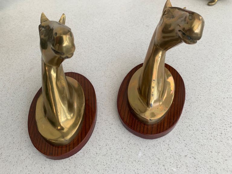 Pair of Brass Horse Head Wall Decorations on Wood Mounts