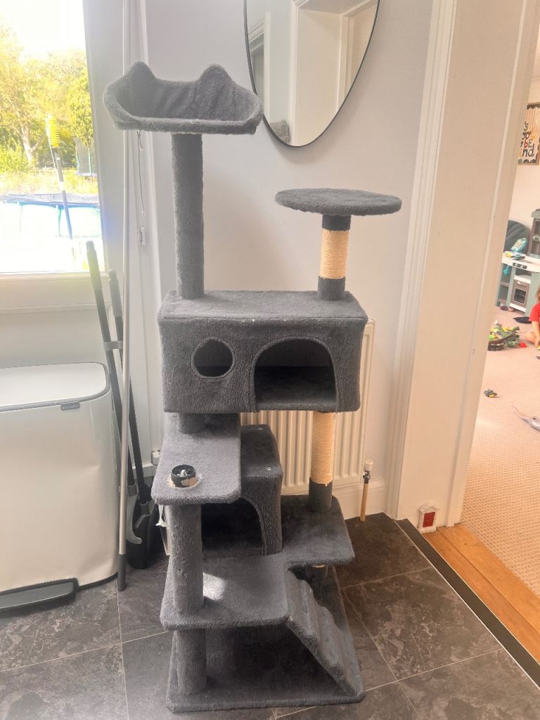Grey cat tower multi level and scratching posts