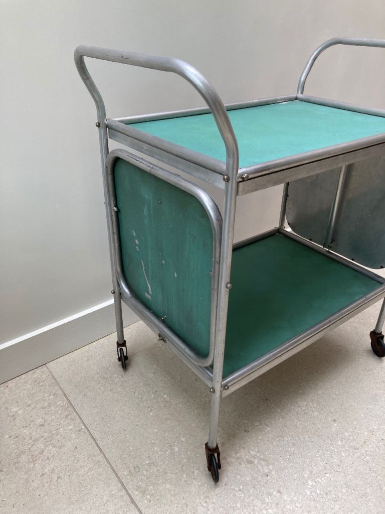 Vintage Mid century trolley - fold out sides. 50s 60s industrial drinks medical. Metal.