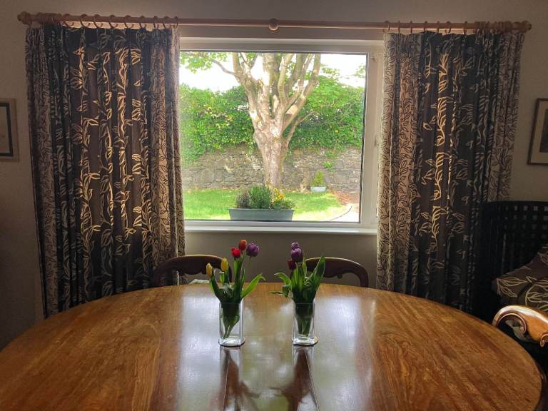 Good Condition Brown & Cream Fabric Lined Curtains