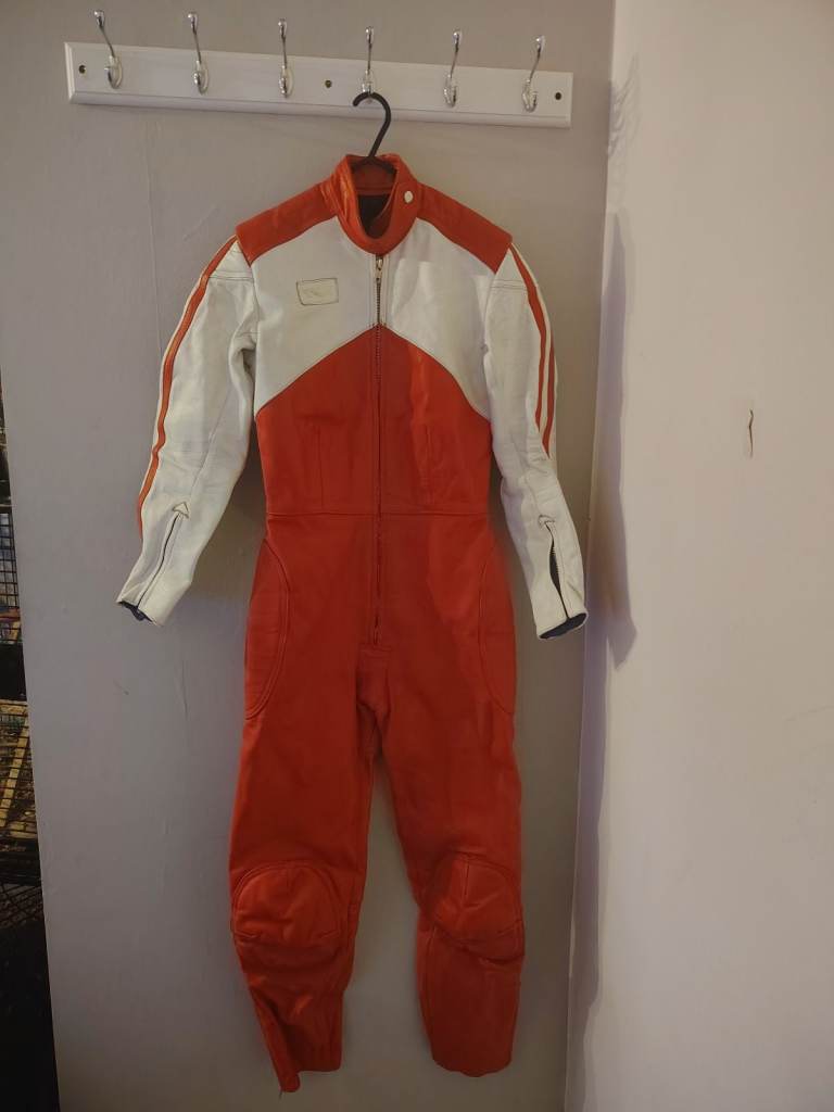 vintage one-piece motorcycle racing suit manufactured by Interstate Leathers