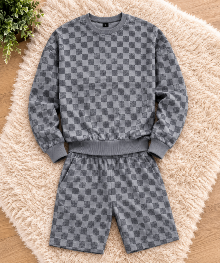 New Men's Grey Checkered Sweatshirt and Shorts Set – Size L