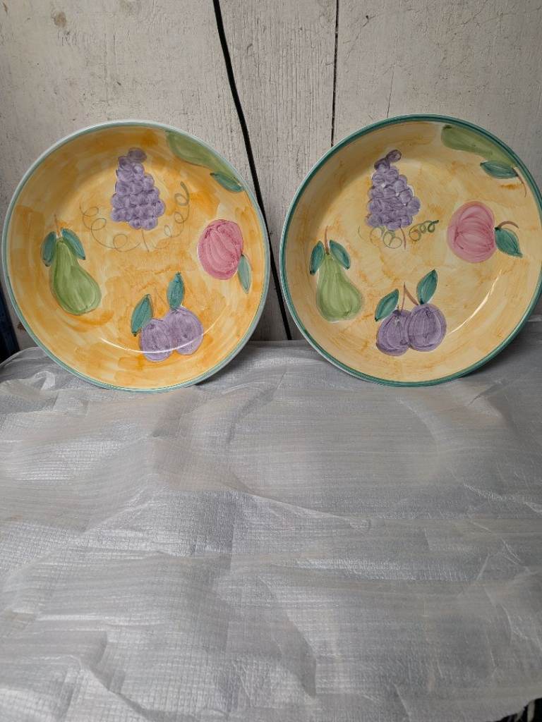 Two Large Hand Painted Ceramic Fruit Bowls 35cm Serving Dishes Cottage Farmhouse