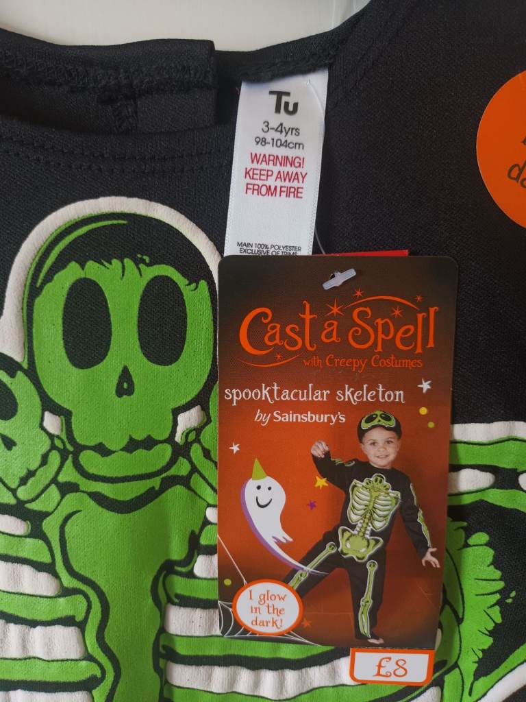 CHILDREN'S FANCY DRESS SPOOKTACULAR SKELETON GLOW IN THE DARK COSTUME FITS 3-4 YEARS BNWT 