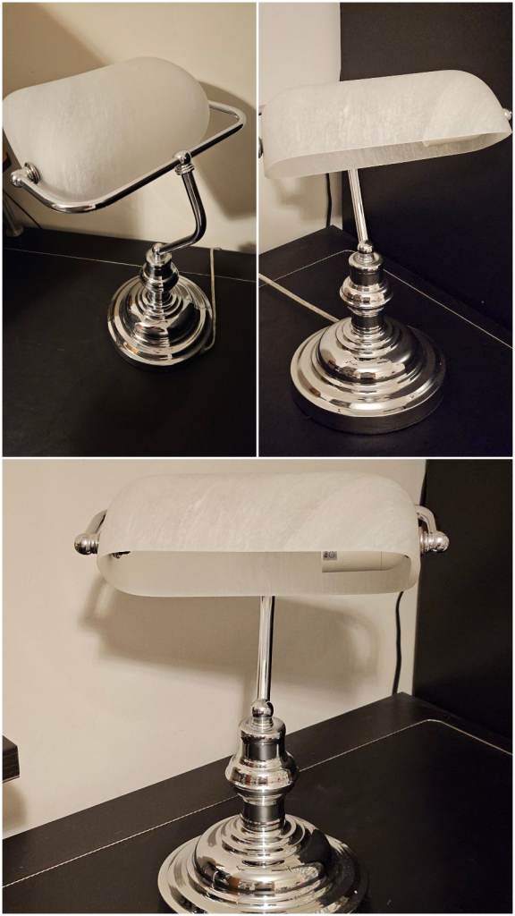 Chrome Banker's Lamp with White frosted glass Shade – Good Condition