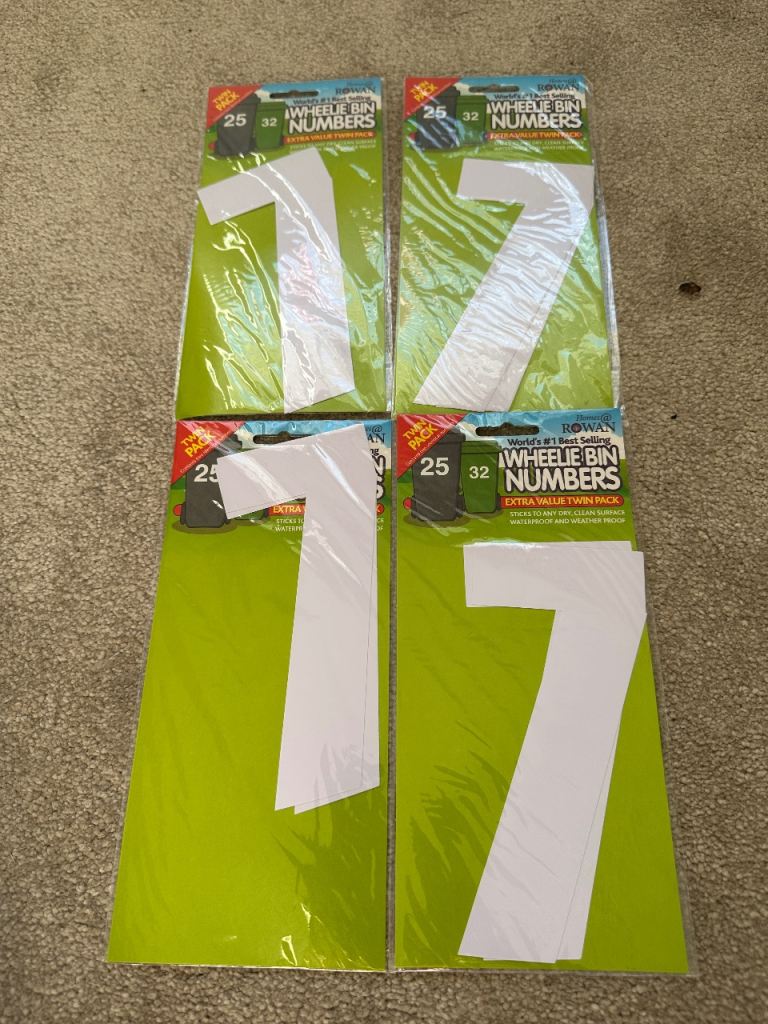 4x 2. Wheelie Bin Numbers - White Self-Adhesive House Number 7
